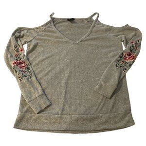 Rue 21 top Gray Roses Embroidered Cold off Shoulder Long Sleeve Blouse Floral